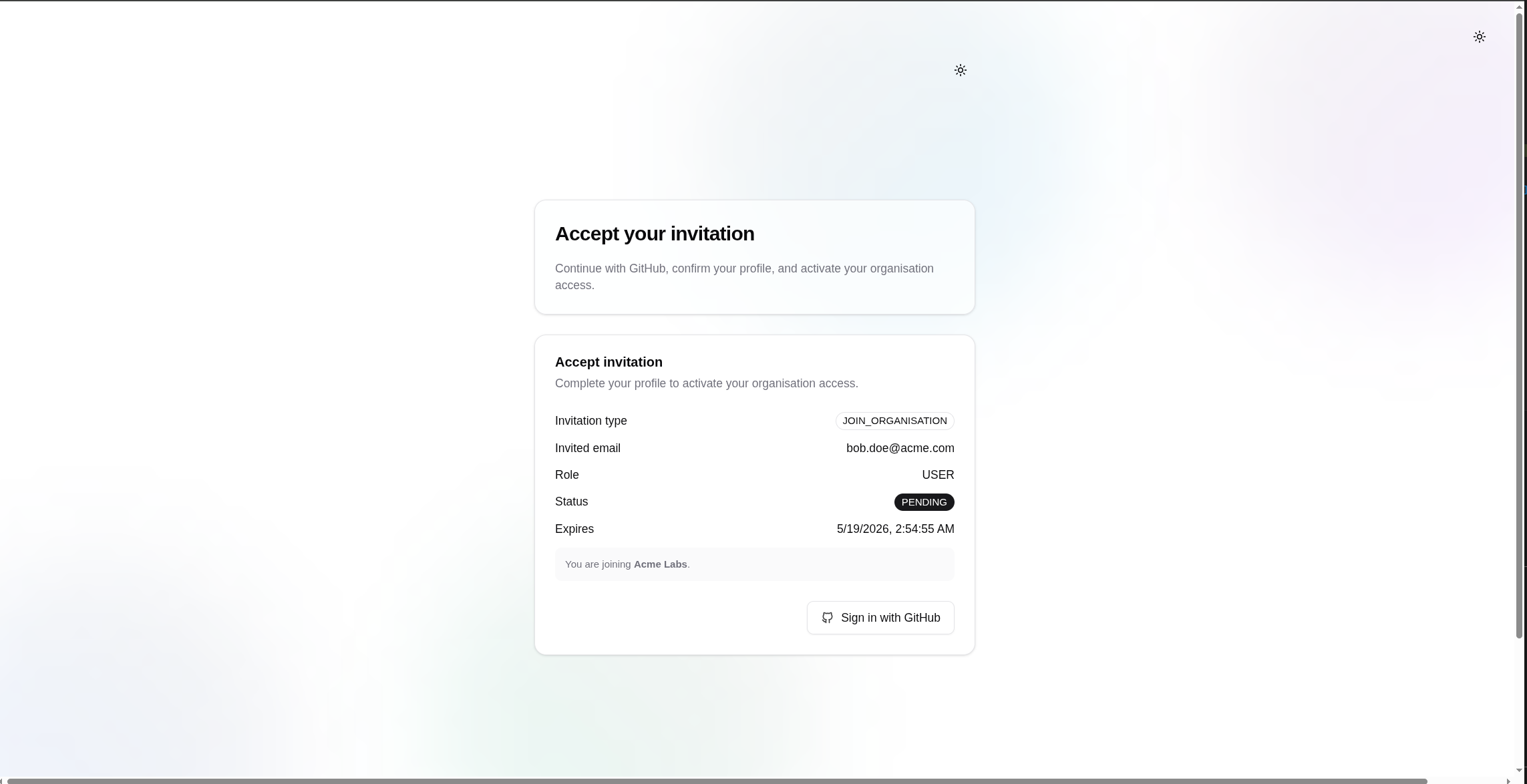 Invitation page before login