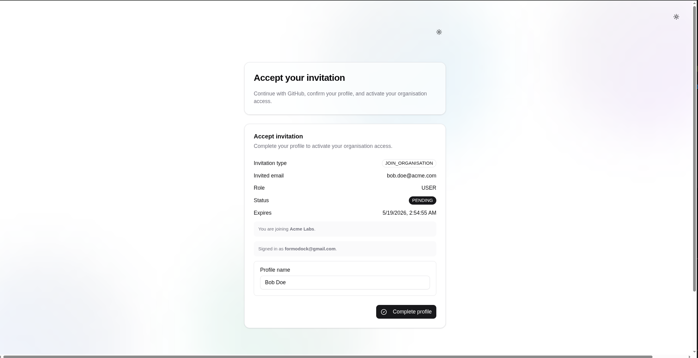 Invitation profile form after login