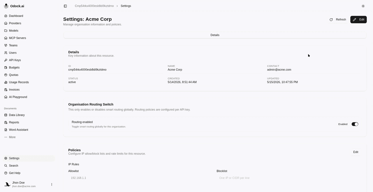 Edit organisation Settings with modal 